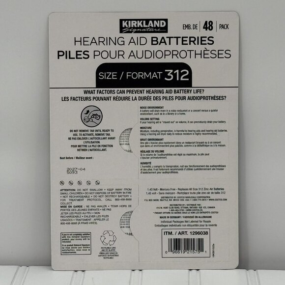 Kirkland Signature Hearing Aid Batteries Size/Format 312, 1.45 Volt, 48 Pack - Picture 2 of 2